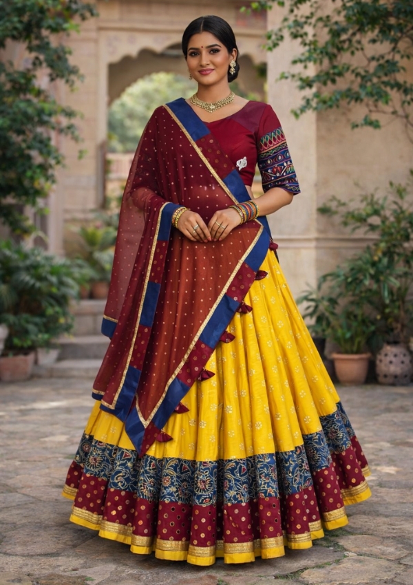 Yellow Lehenga Maroon Dupatta